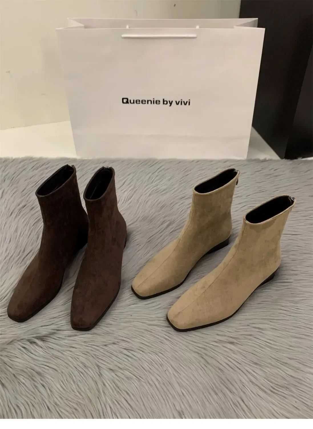 Pfirsichfarbener Rückenreißverschluss Nude-Stiefel Modischer Quadratischer Zeh Herbst/Winter-Stil Hoher Absatz Elegante Damen-Kurzstiefel – Detail 6