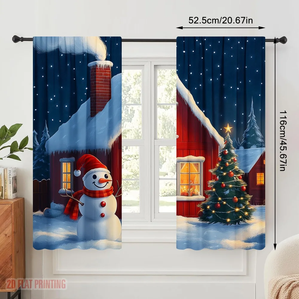 2pcs,2D plane printing Light Filtering Curtains Christmas Cabin Snowman Tree (2) Versatile 100% Polyester (without rod) All