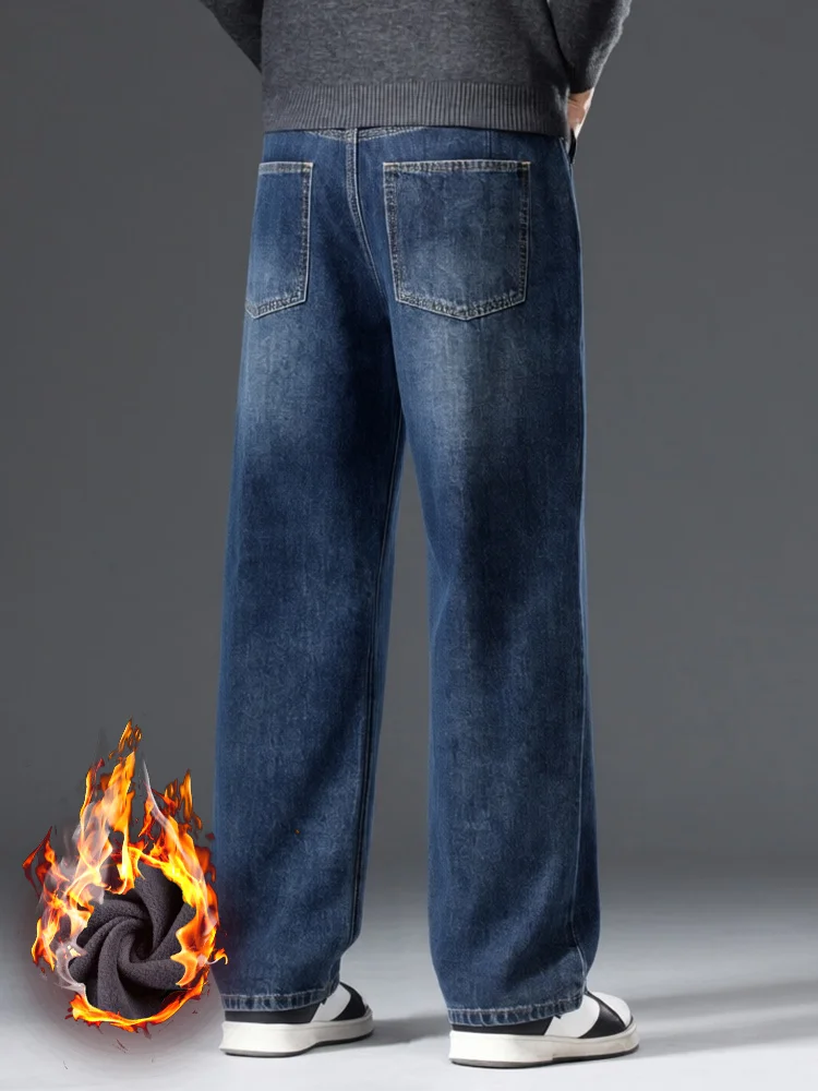 Men's Winter New Style with Plush Retro Washed Elastic Jeans Thickened and Warm Versatile and Minimalist Style Pants