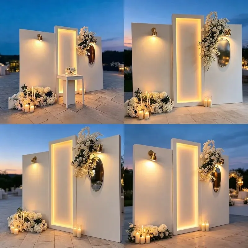 White LED light wedding background wall custom logo photo booth panel, suitable for reception ceremony, banquet event