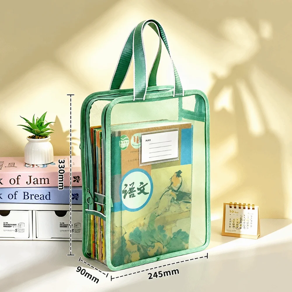 Multi-Functional Clear Tote File Bag Mesh Waterproof A4 Book Handbag L-Shape Large Opening Large Capacity Tutoring Bag Gift