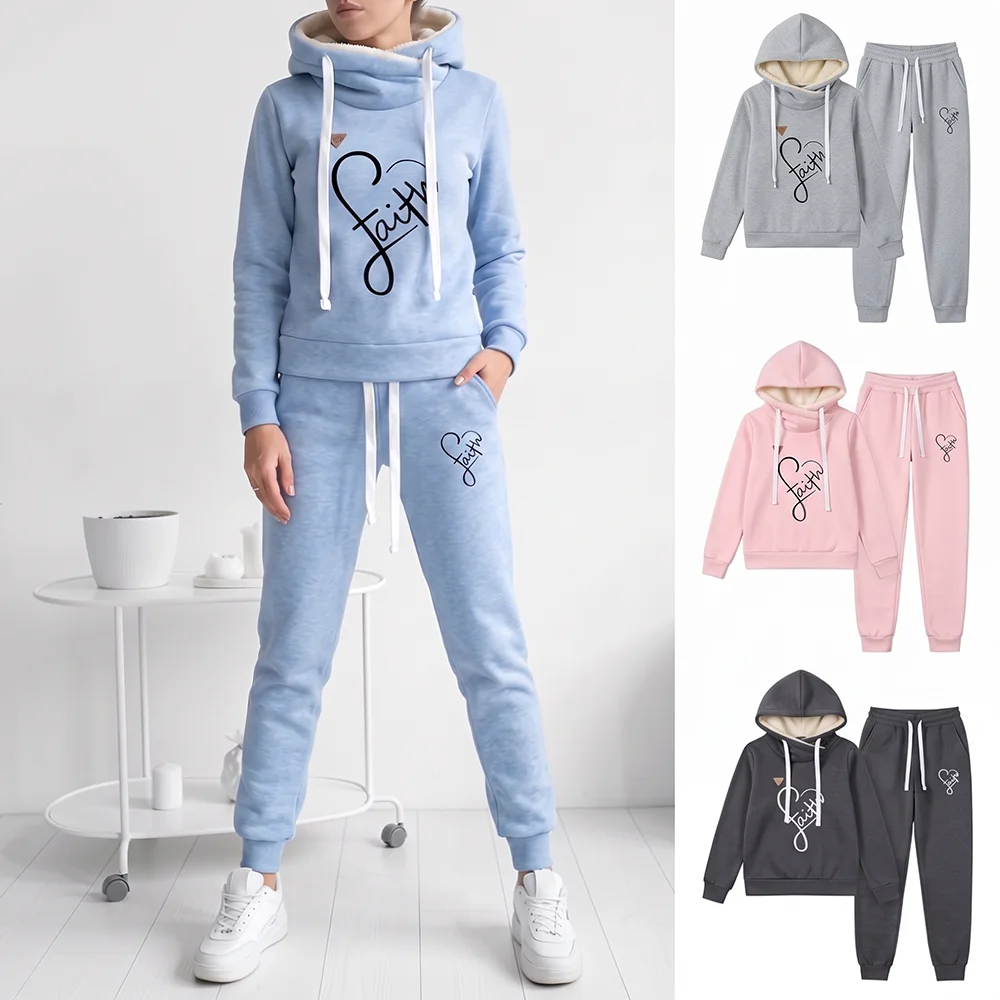 Women's Winter Autumn Fleece Tracksuit 2 Piece Set Casual Faith Print Hoodie Sweatshirt and Jogger Pants Suit Warm Sportswear Ou