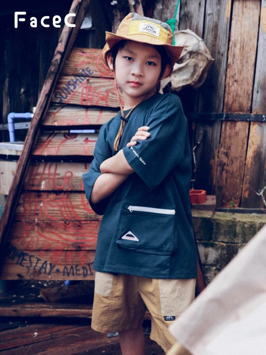 Facec Boys Cotton T-Shirt Short Sleeve Summer 2026 Camping Pocket Outdoor Kids Clothing Breathable round Neck Kids T-Shirt