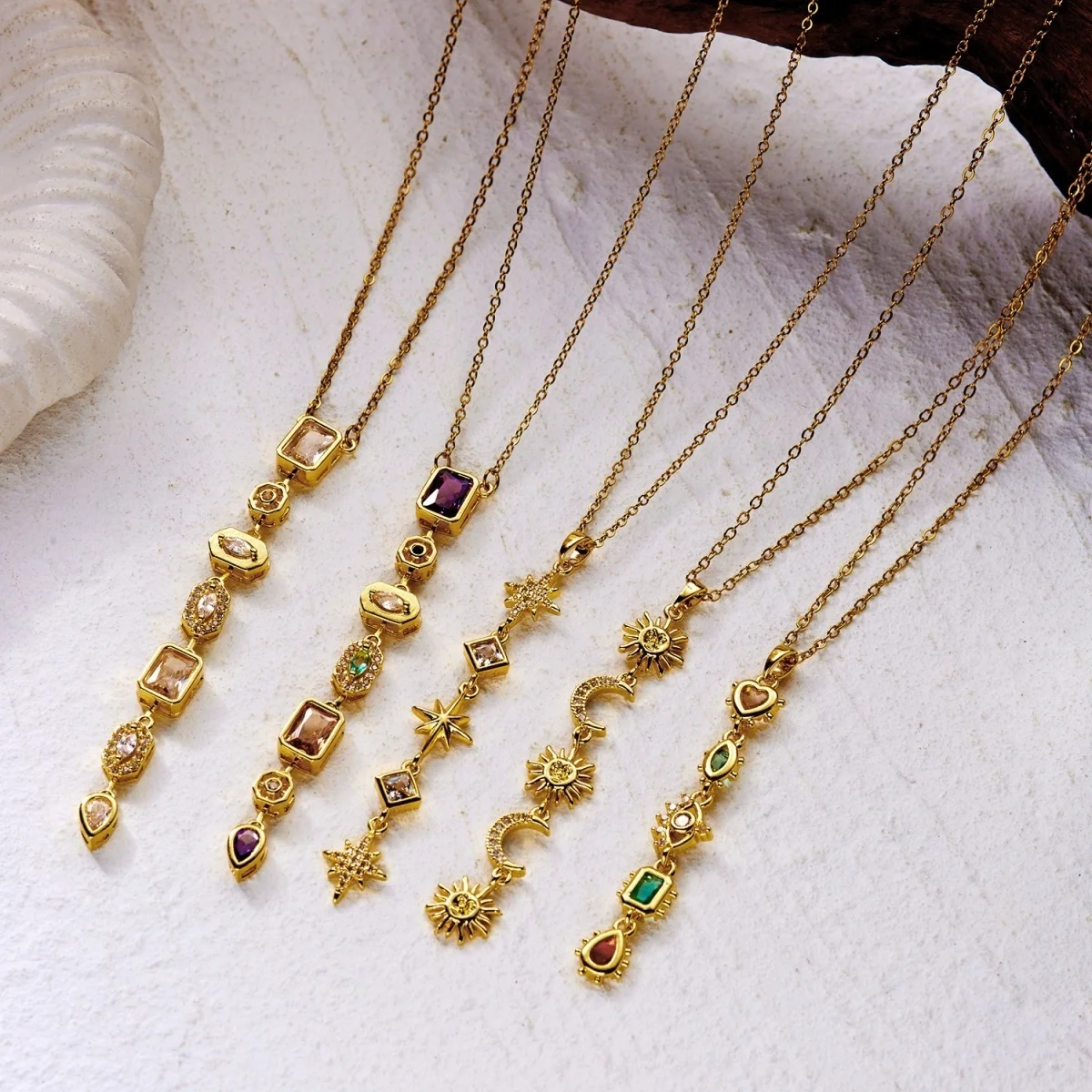 Glänzende Zirkon-Halskette mit geometrischen Verbindungsstücken und Quasten aus Edelstahl für Damen und Herren, Herz, Auge, Wassertropfen, Sonne, Mond, Stern, Choker-Schmuck – Detail 3
