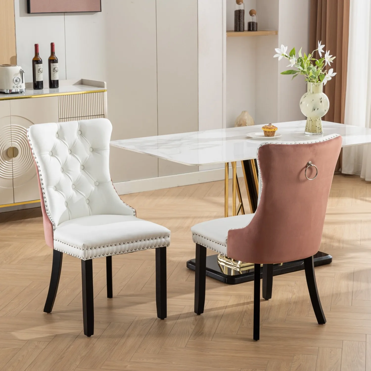 A&A Furniture, Colección Nikki Silla de comedor moderna y tapizada de terciopelo y PU contemporánea de madera maciza capitoné de alta gama con madera