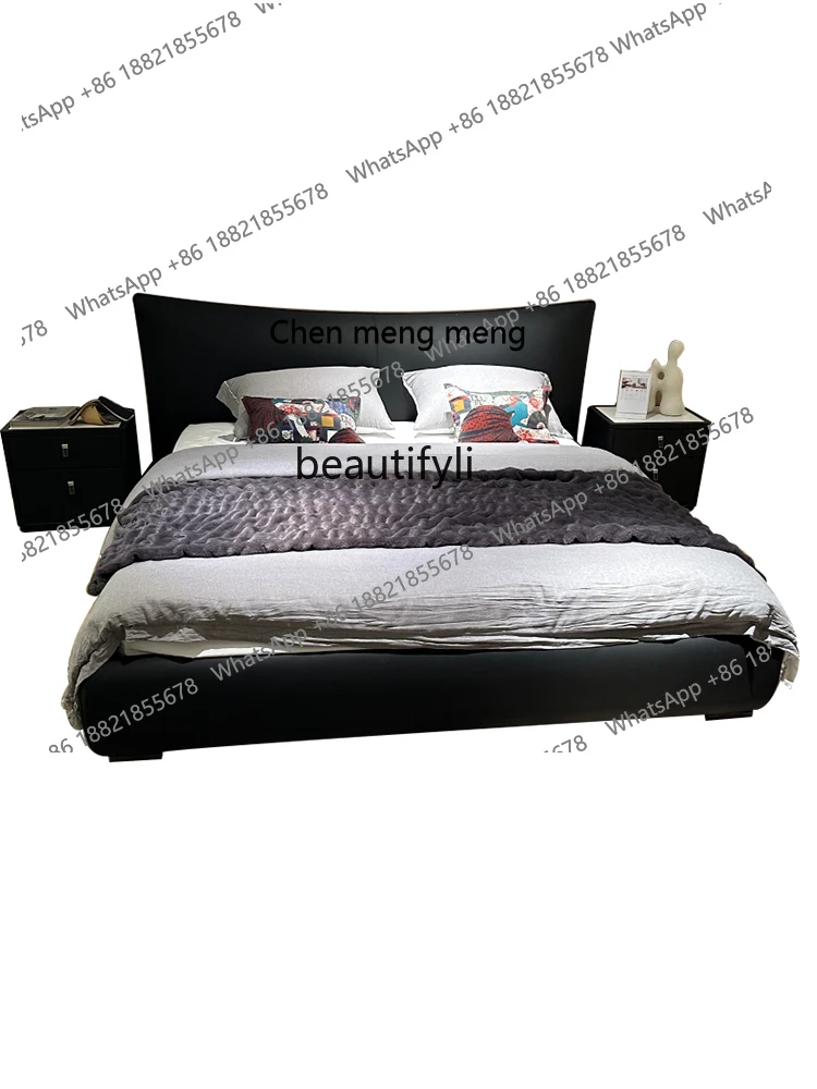 Leather  Marriage Bed Bed in Master Bedroom Small Apartment Simple Italian  Double Bed Imported First Layer Cowhide