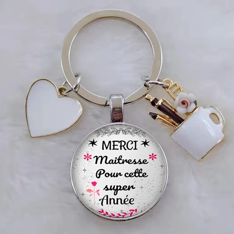 merci maitresse french letter word teacher\'s day gift keychain, enamel pen holder love pendant DIY keychain gift