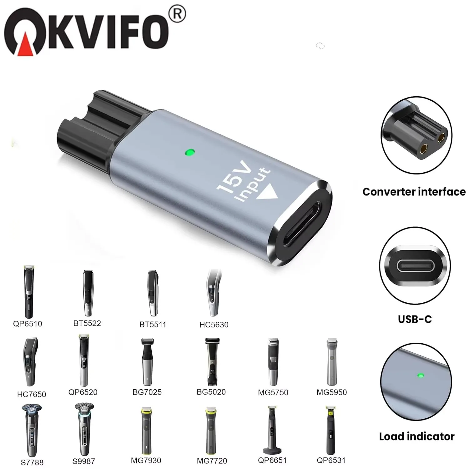 15V HQ8505 Type-C Shaver Adapter Charging Converter for Philips Norelco One Blade pro QP6510 QP6520 QP6530 Beard Trimmer