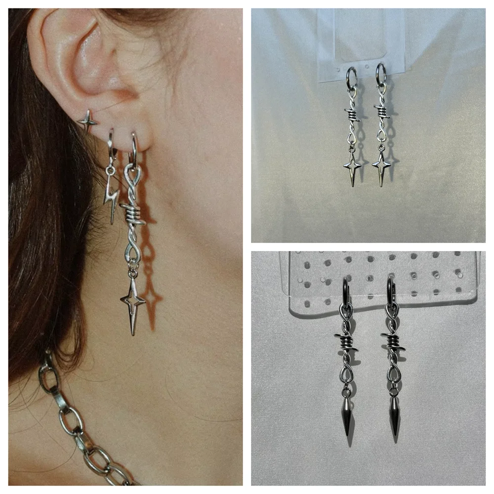 Grunge Barbed Wire Star Spike Dangle Earrings for Women Y2K Gothic Edgy Punk Cone Rivet Drop Earrings Korean Fashion Jewelry
