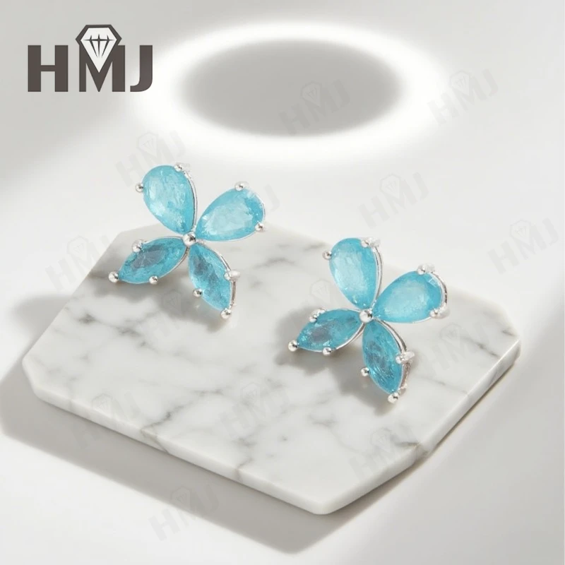 

Stud Earring Necklace Jewelry Set Lab Paraiba Sapphire S925 Sterling Silver Marquise Pear Hypoallergenic Jewelry for Woman Charm