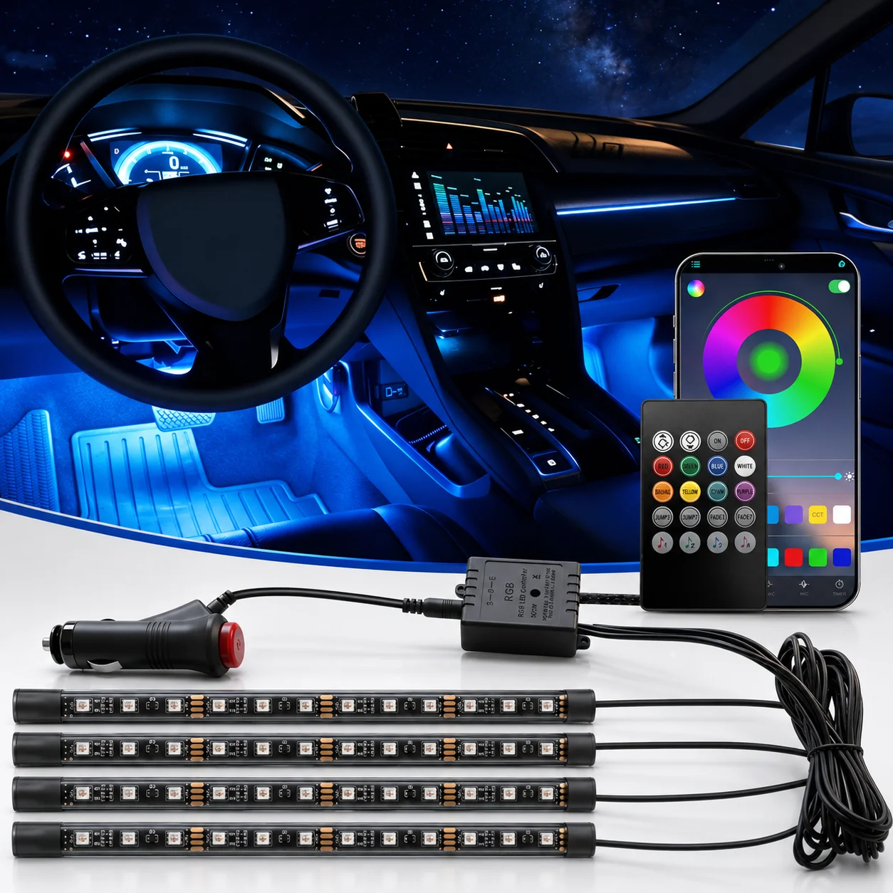 RGB 48LED Car Interior Ambient Lights Bluetooth APP Control Music Sync 16 Million Colors Decorative Light Kit for Women Men