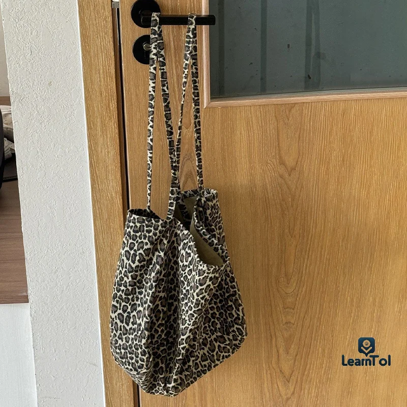 Leopard Print Black Leather Lazy Retro Storage Portable Large Shoulder Bag With Cat Pendant