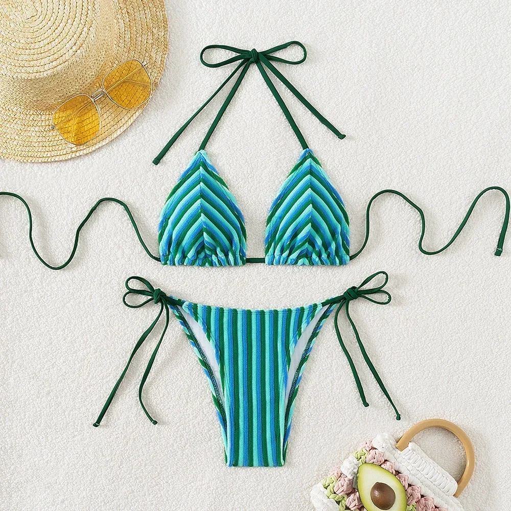 9 couleurs nouvelle serviette tissu licou cou cravate rayé Bikini maillot de bain pour les femmes été plage vacances taille basse maillots de bain 2024