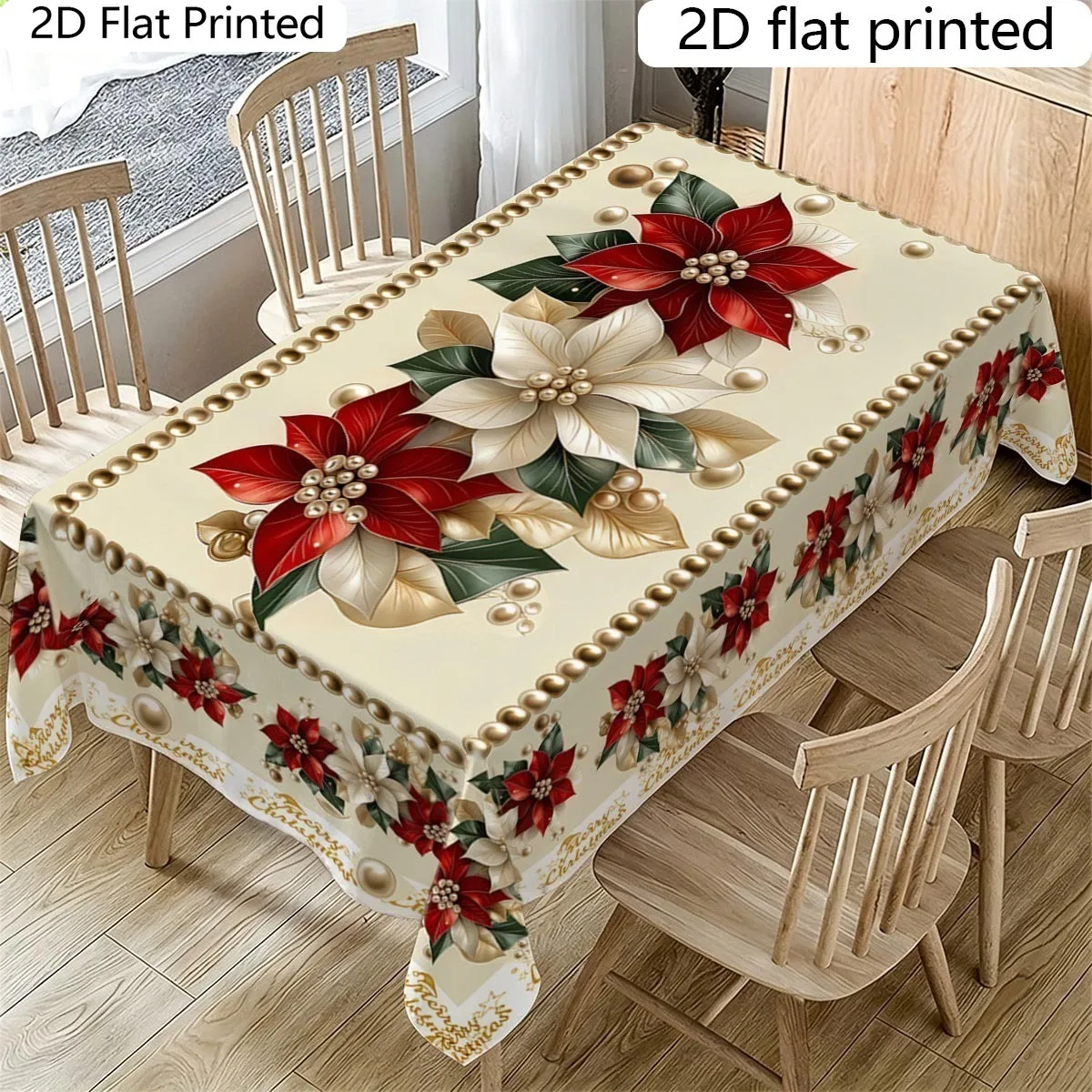 VIKAMA Christmas Poinsettia Tablecloth Red Gold Floral Pearl Border Washable Rectangle Table Cover for Xmas Kitchen Dining Party