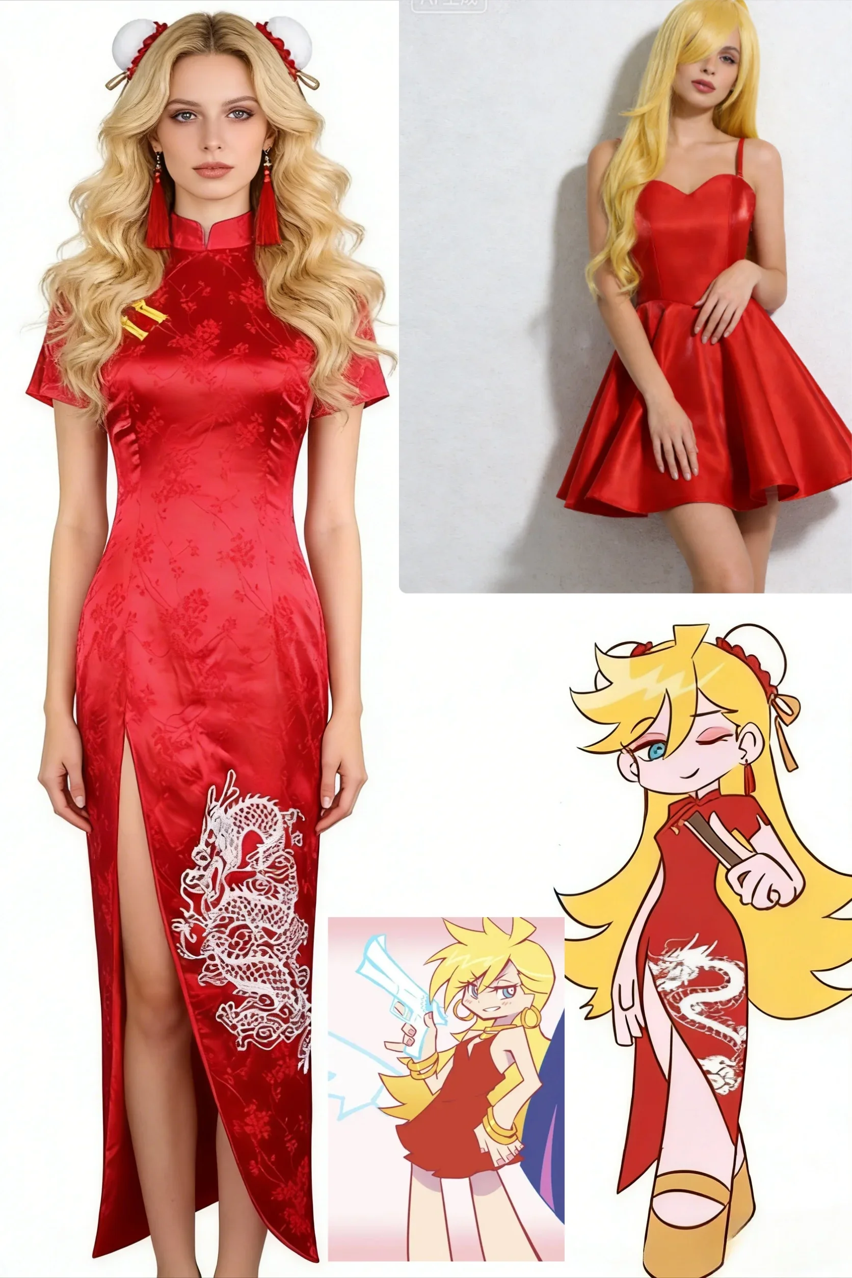 New Panty Stocking with Garterbelt Pantiel Anarchy Cosplay Red Dress Earring Panty&Stocking Halloween Role Play Costume and Wig