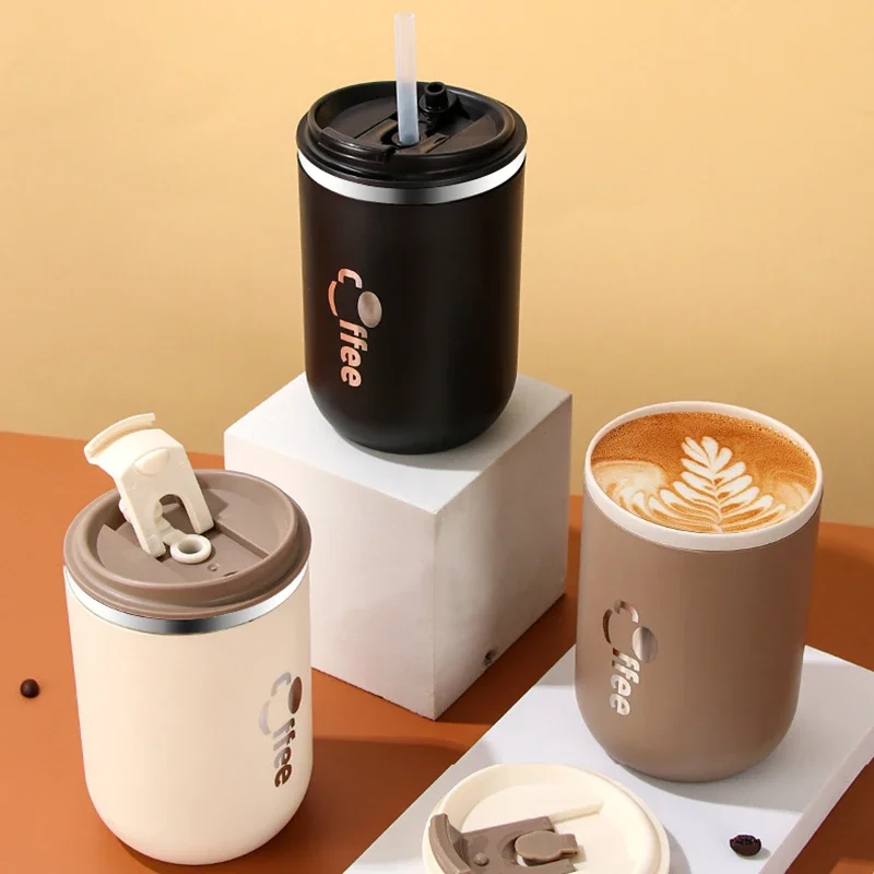 500ml 304 Stainless Steel Thermos Coffee Cup with Silicone Straw Double layer Leak-proof Travel Milk Tea Car Water Cups Thermos
