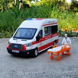 1:34 FORD Transit Alloy Ambulance Vehicles Car Model Diecast Metal Toy Broadcast Car Model Simulation Sound and Light Kids Gifts