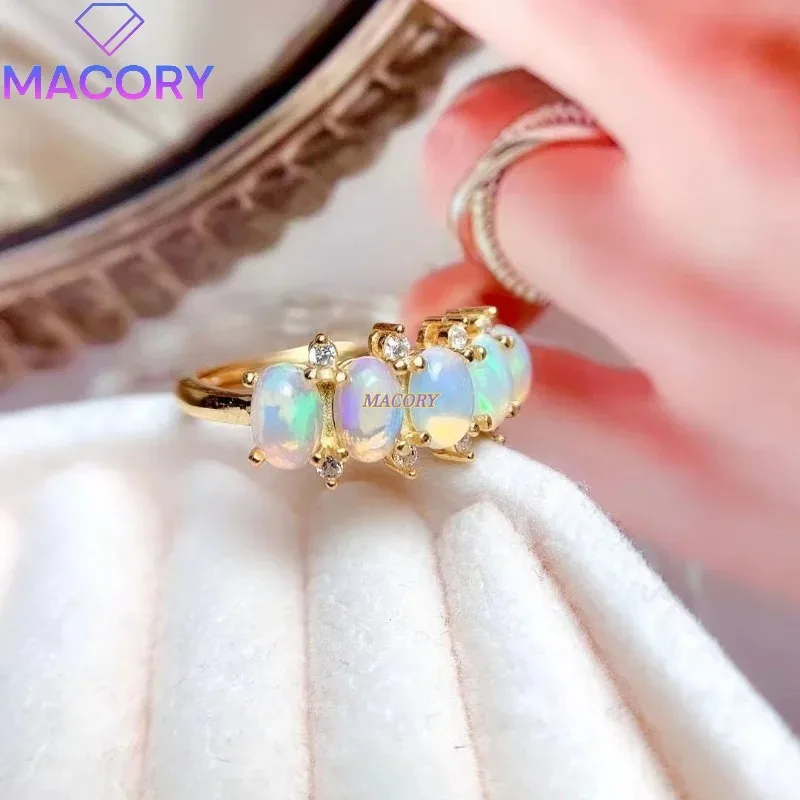 천연 호주 오팔 반지 5개 4*6MM 보석 925 스털링 실버 여성용 결혼 약혼 선물