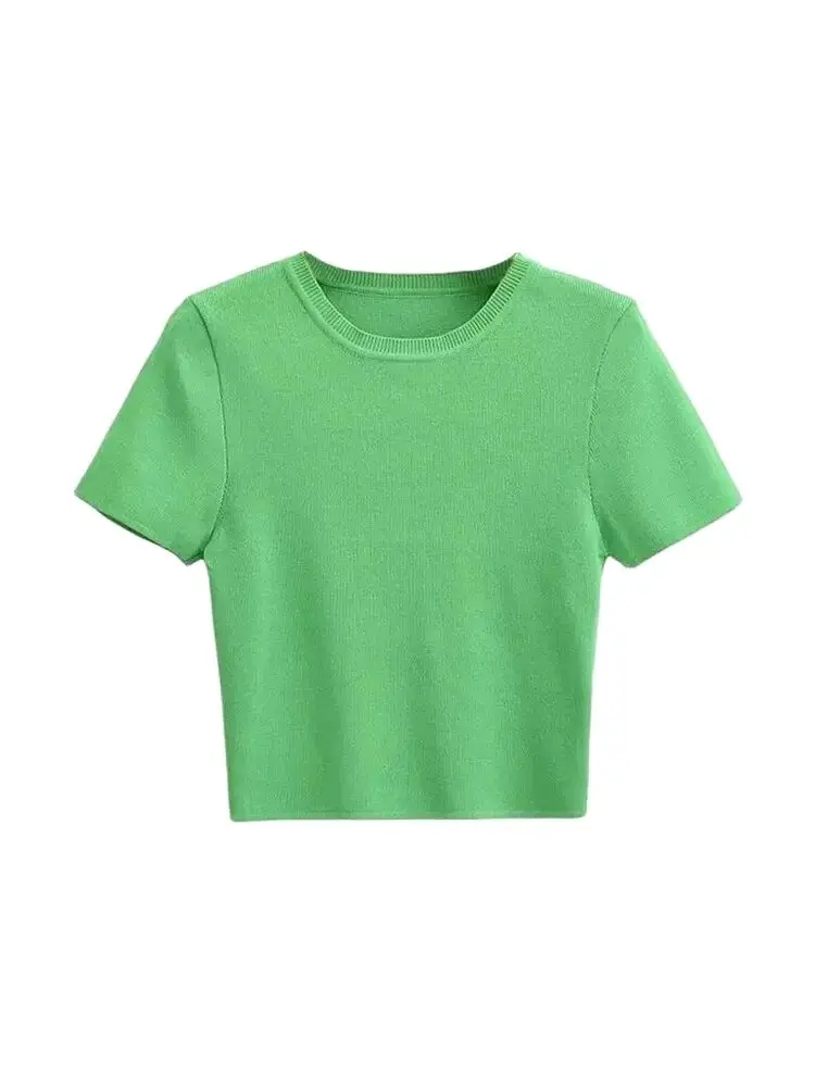 Femmes mode rayé basique recadrée tricot pull Vintage col rond manches courtes femme pulls Chic hauts