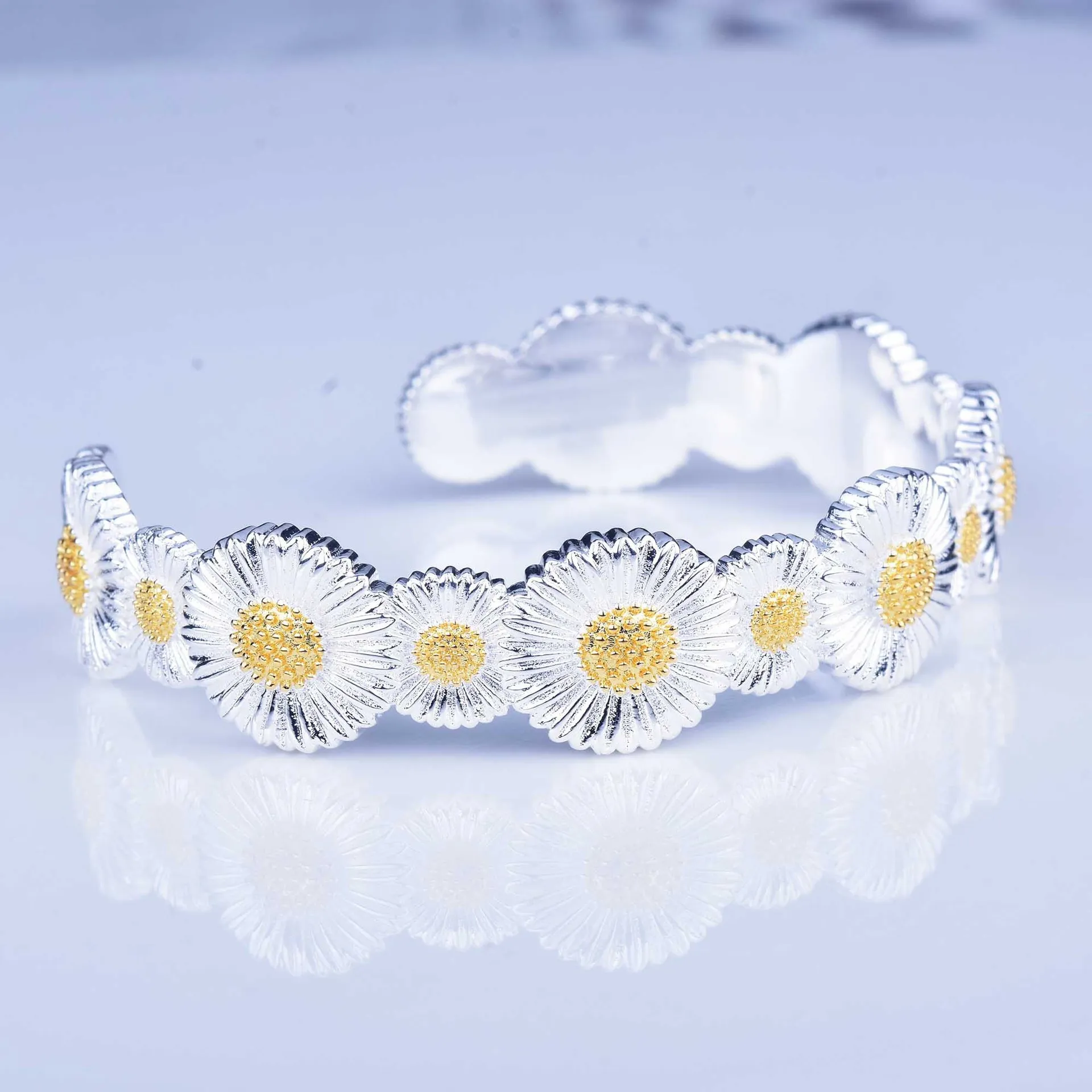 Hand Brushed Craft Vintage Lace Silver Bracelet, Daisy 925 Silver Bracelet