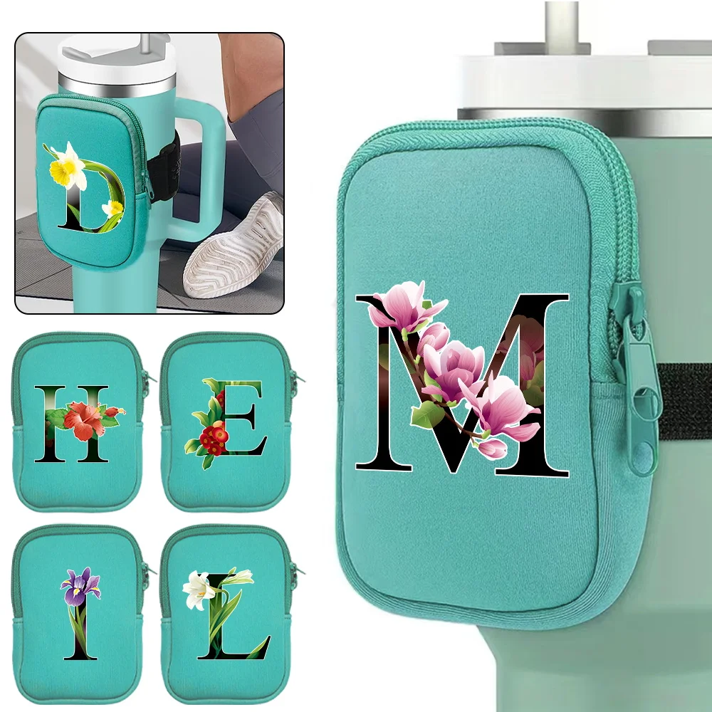 Sac de sport multifonctionnel pour bouteille d'eau, motif floral, avec fermeture éclair, pour clés et cartes de fitness