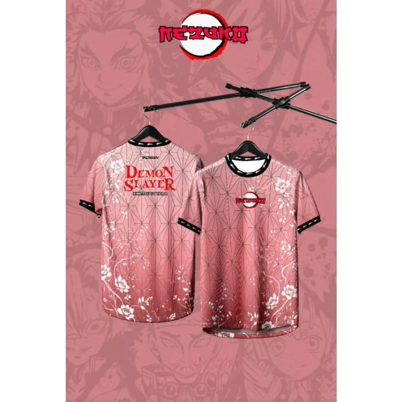 New Men's Demon Slayer Nezuko Kamado Asanoha Pattern 3D Printed Crew Neck Sports Jersey Tee Stylish Casual Wear for Anime Fans