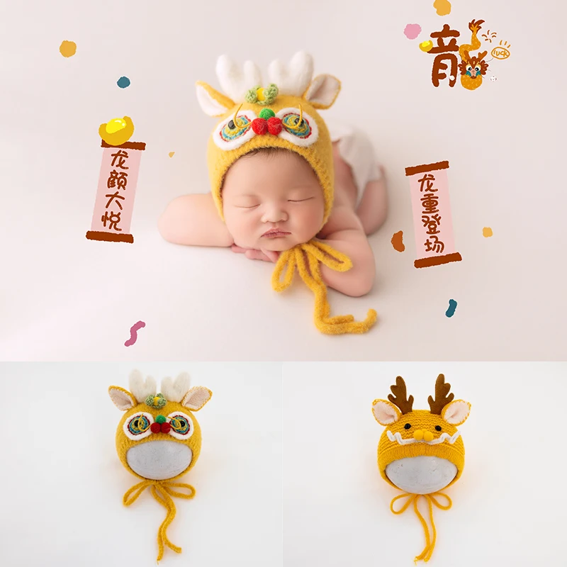 

2024 Dragon Theme Newborn Hat Photography Props Cute Cartoon Loong Crochet Knitted Hat Baby Boys Girls Cap Studio Photo Props