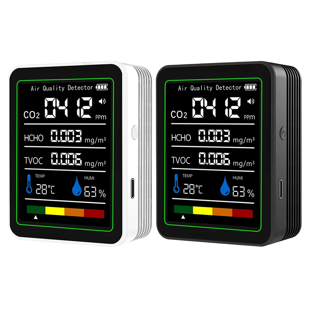 Monitor de temperatura y humedad 5 en 1, pantalla Digital CO 2, Monitor de calidad del aire, recargable por USB para detección de calidad del aire