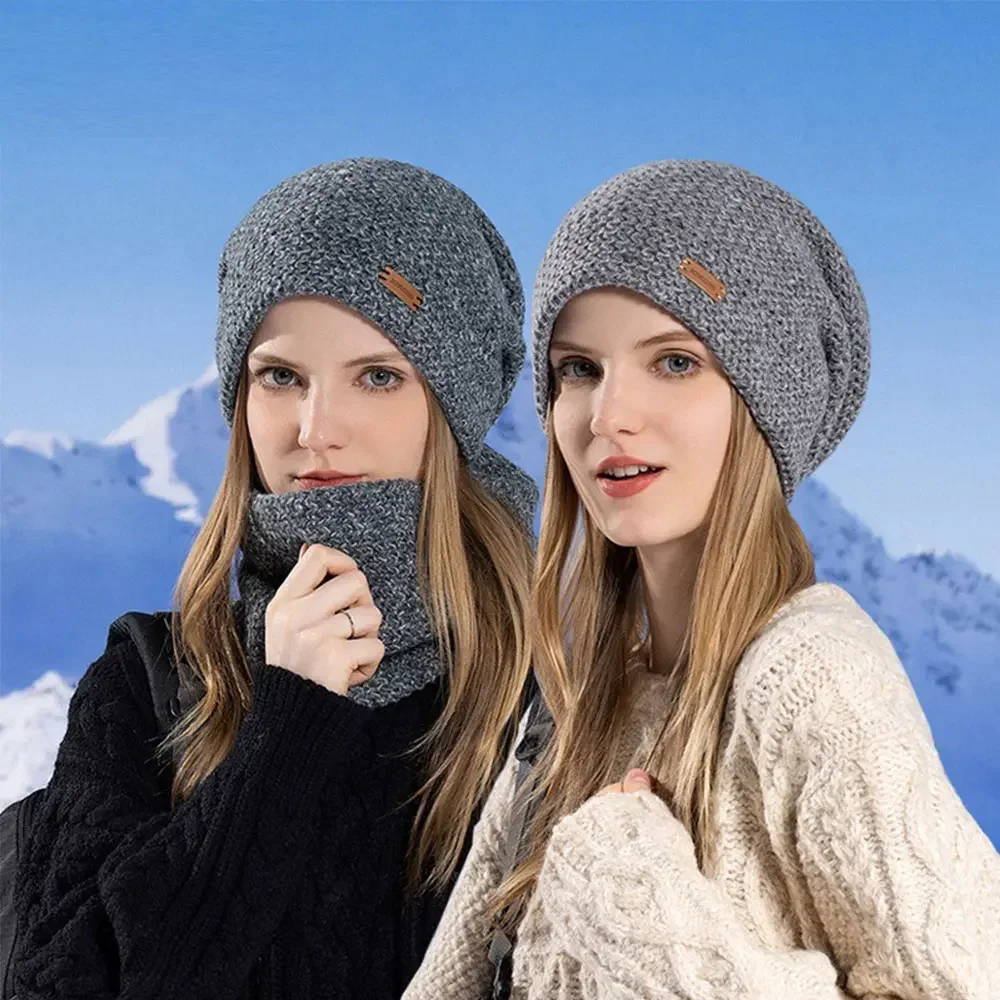 

Winter Knitted Scarf Hat Set Womens Beanie Thick Warm Skullies Hats Outdoor Cycling Riding Ski Bonnet Caps Tube Scarf Rings