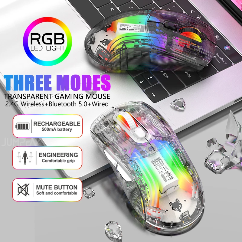 JUMPEAK Transparent RGB Gaming Mouse Bluetooth Wireless Wired 3 Modes Type-C Rechargeable Mute Computer PC Gamer Mause