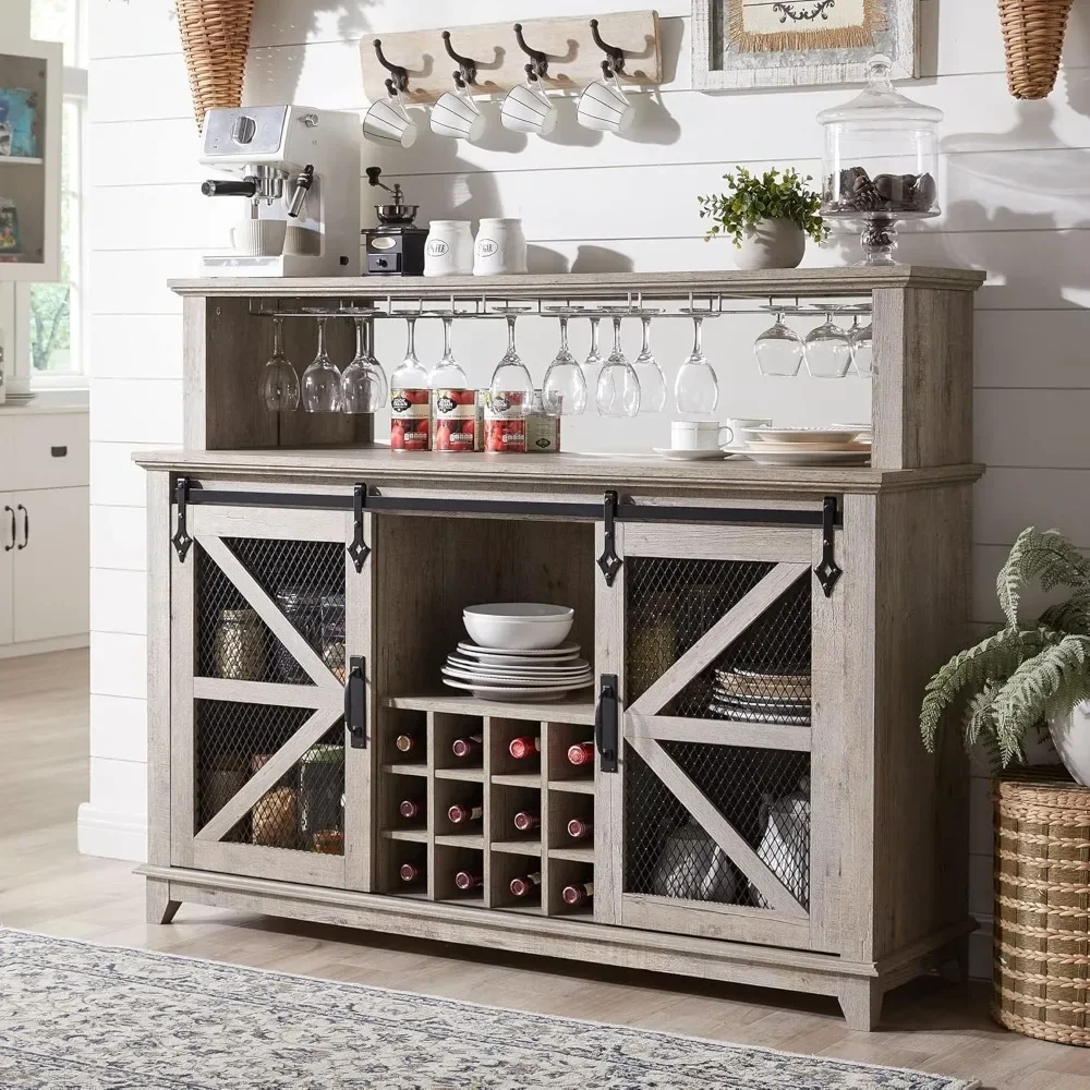 

Farmhouse Coffee Bar Cabinet with LED Lights, 55" Wine Bar Cabinet w/Sliding Barn Door & Wine and Glass Rack, Kitchen Buffet