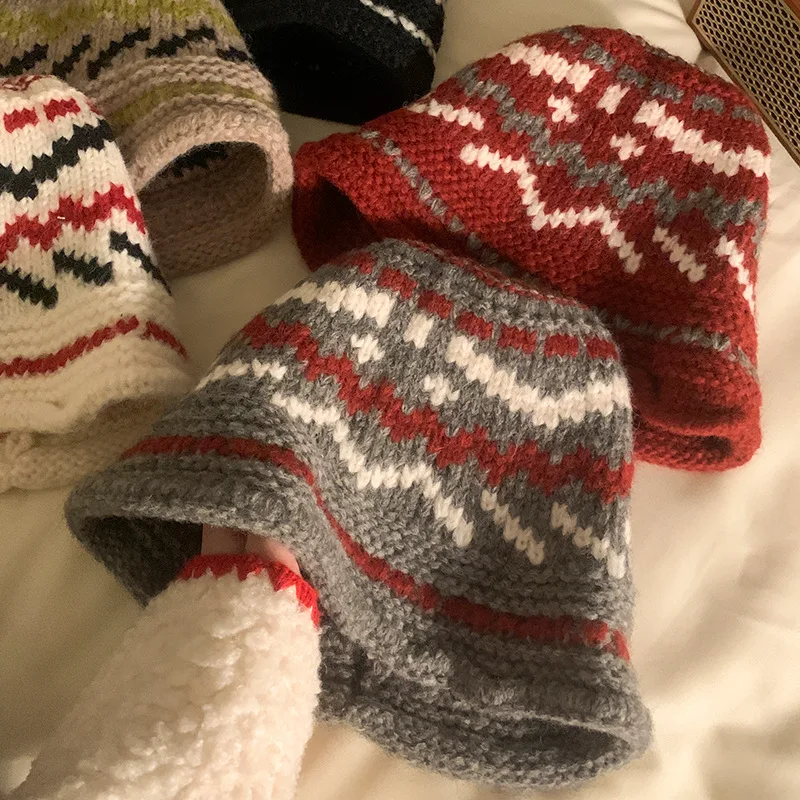 Damski zimowy ciepły kapelusz rybacki w stylu vintage, dziergany, z podwiniętym brzegiem, kapelusz typu bucket dla dziewczyn, kobiet, na zewnątrz, wiatroodporny kapelusz panama, kapelusz typu basin.