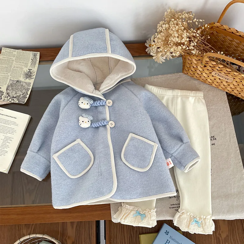 

Бархатное пальто для девочек, осенне-зимнее новое пальто с капюшоном на пуговицах с рисунком кота, корейская утепленная одежда с большим карманом для девочек