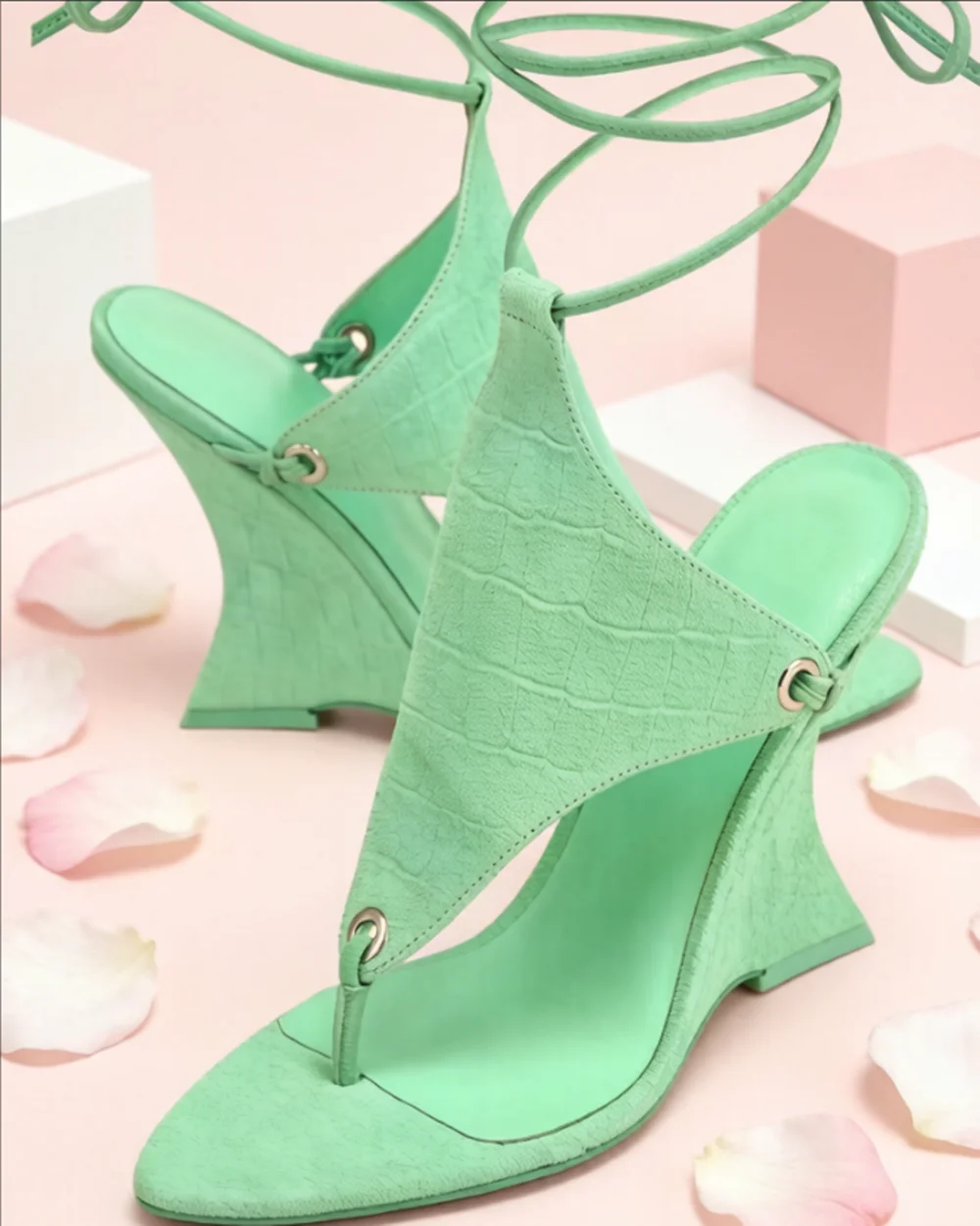 

Mint Green Croc-Embossed Suede Wedge Sandals Lace-Up Ankle Ties Thong Style Wedge Heel Perfect for Summer Vacations