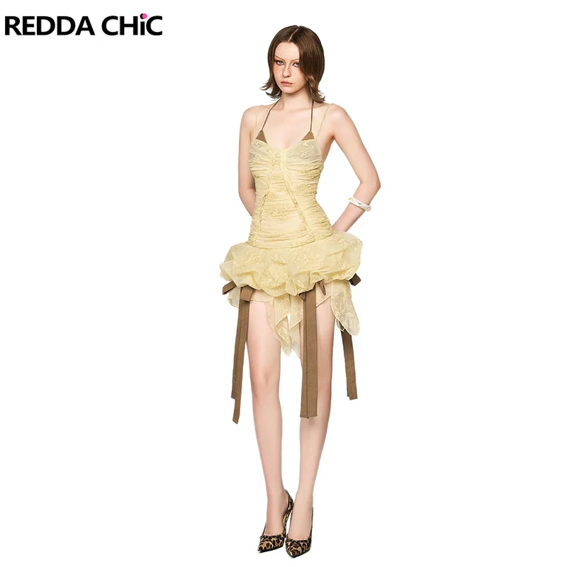 레다치 플레이풀 러플 미니 드레스 세트 텍스처드 튤 시어 프린지 루슈 튜브 드레스 붕대 브라탑 파티 여름 여성 의류