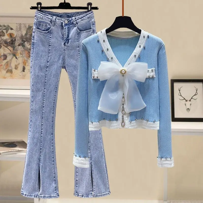 Autumn and Winter New Women's Set V-neck Elastic Knitted Sweater+High Waist Slimming Fashion Jeans Two Piece Set