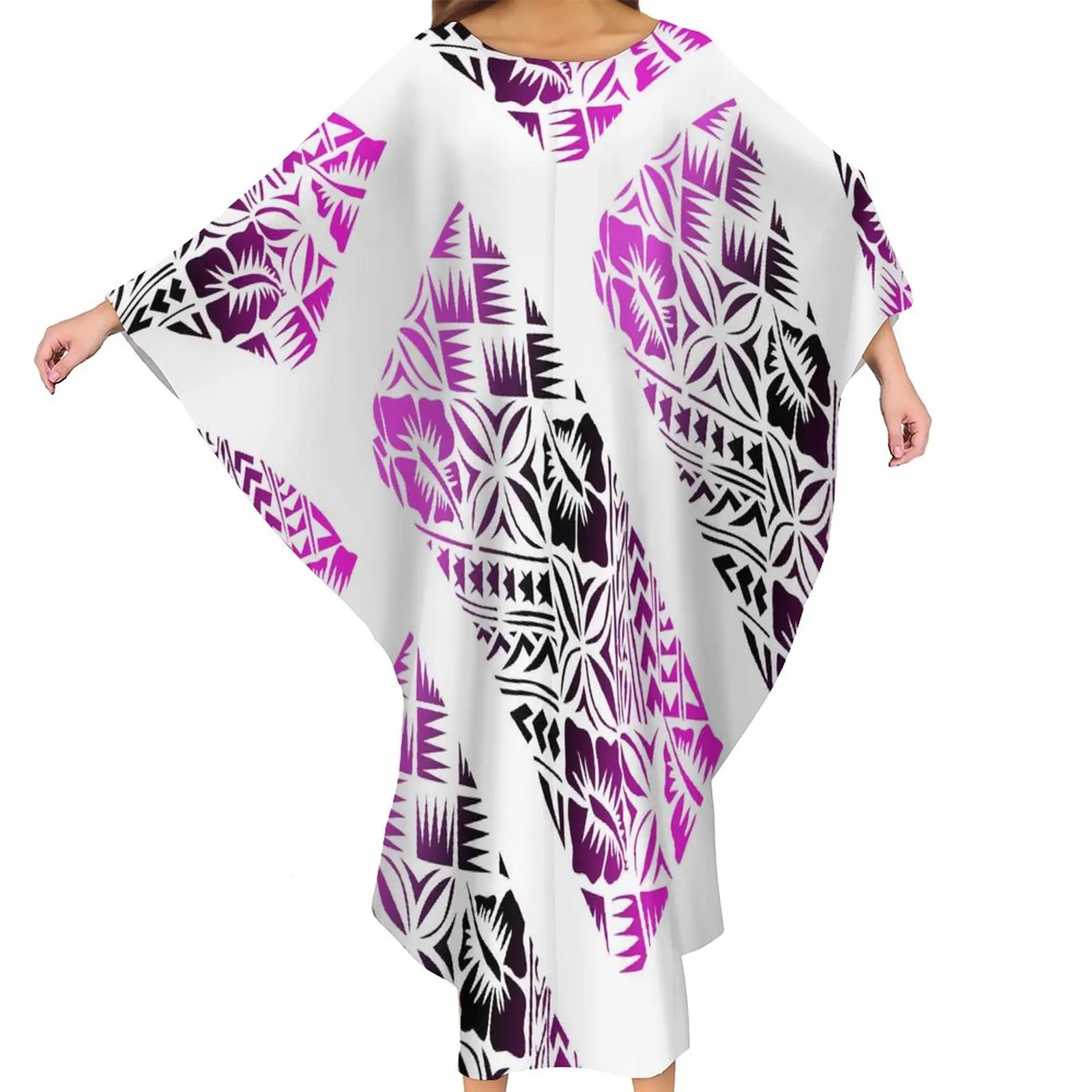 

Newest Hibiscus HD Print One Size Maroon Cloak Polynesian Samoan Women Cozy Bat Big People Fashion Ponchos Club Butterfly Dress