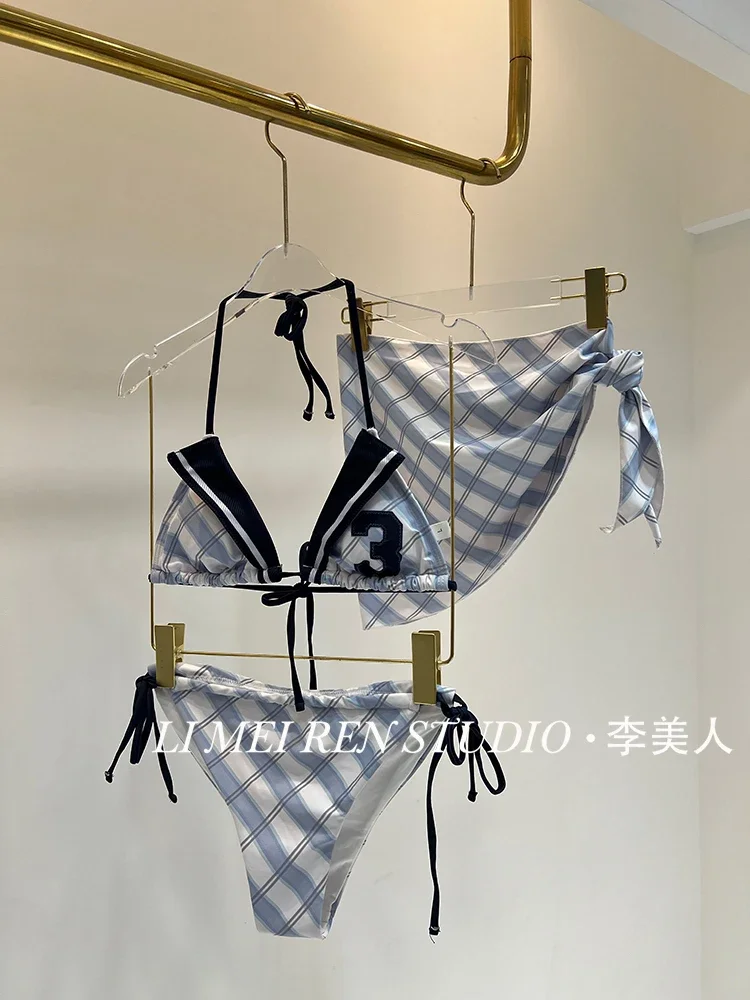New diagonal grid pattern digital print triangle bikini swimsuit sexy spicy girl