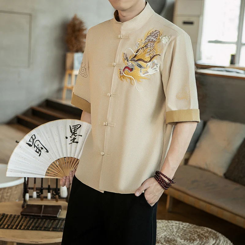 Embroidered Golden Dragon Men\'s Short Sleeve Shirts New Chinese Style Retro Stand Collar  Linen Cardigan Men\'s Kungfu Casual Top