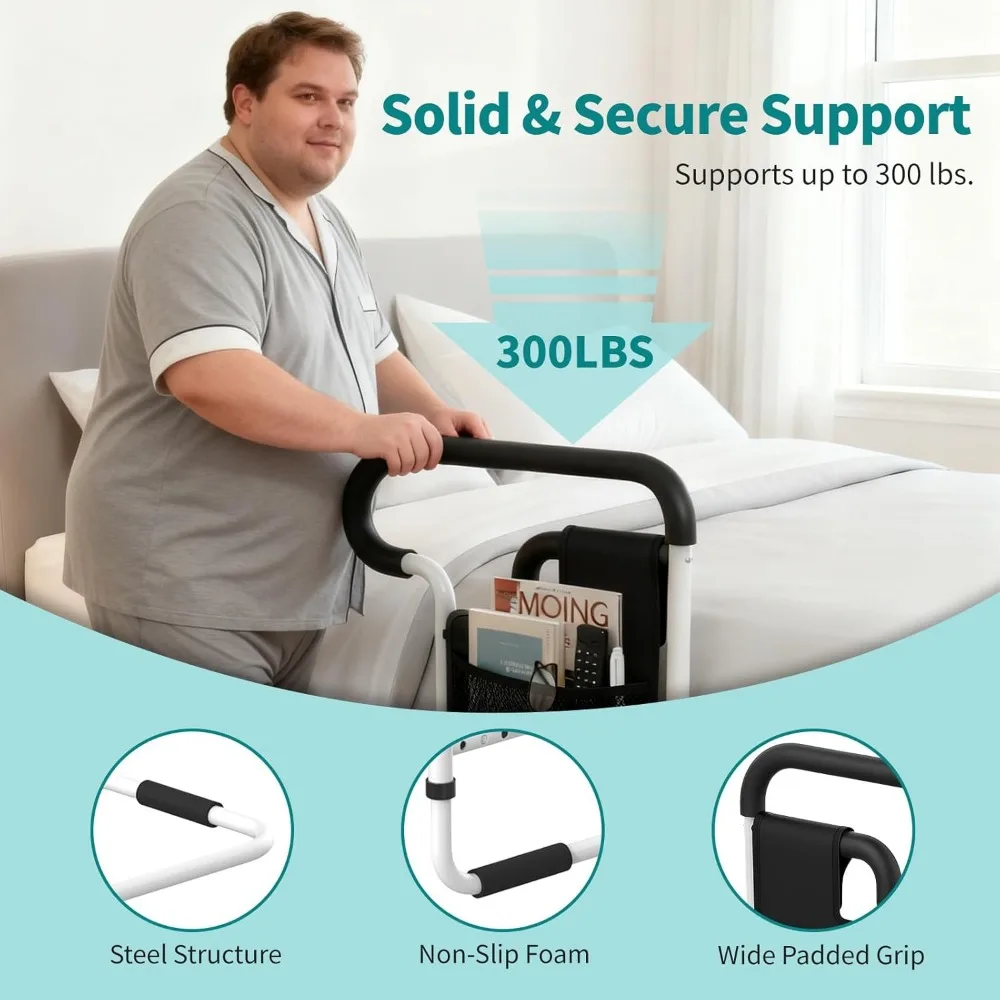Riel de seguridad para cama ajustable para personas mayores con bolsillos de almacenamiento, soporta 300 libras, se adapta a todos los tamaños de colchón