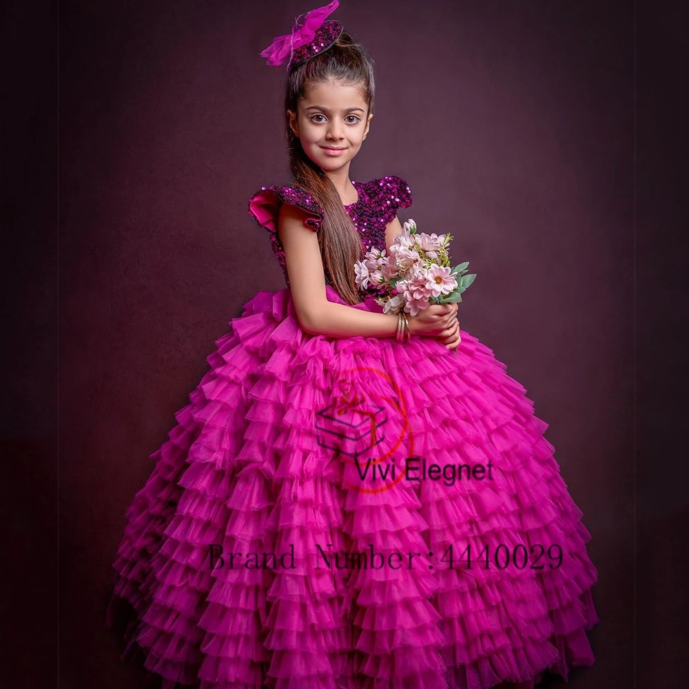 

Scoop Pink Tiered Flower Girl Dresses for Birthday Communion 2023 Summer Seuiqned Sleeveless Wedding Party Gowns فساتين اطفال لل