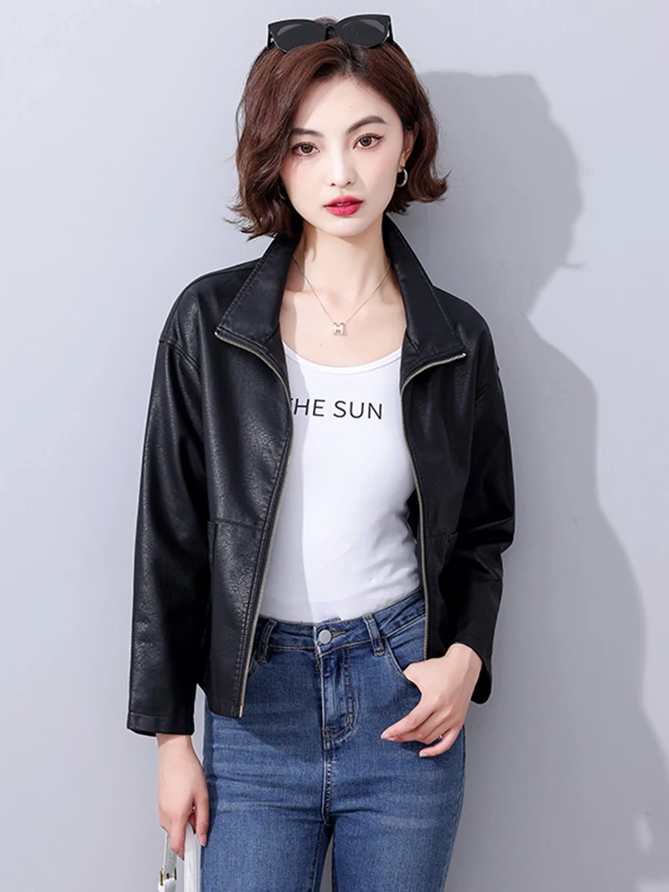 Giacca in Vera Pelle da Donna, Stile Corto, Nera, in Pelle di Pecora, Cappotto Primaverile Autunnale, Moda Hong Kong, Abbigliamento in Pelle di Piccole Dimensioni