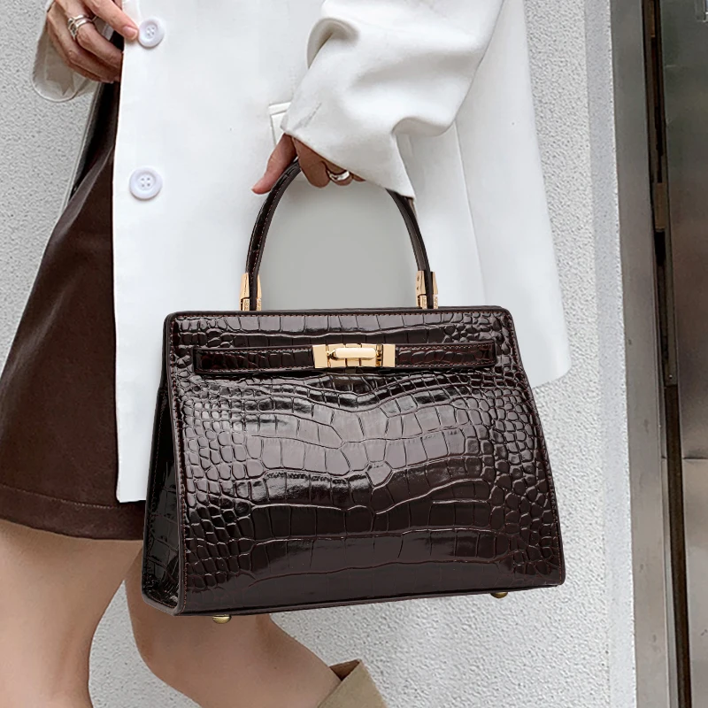 Aidrani Brown Crocodile Embossed Cowhide Women Satchel, Structured Turn Lock Handbag with Multi-Pocket Adjustable Strap