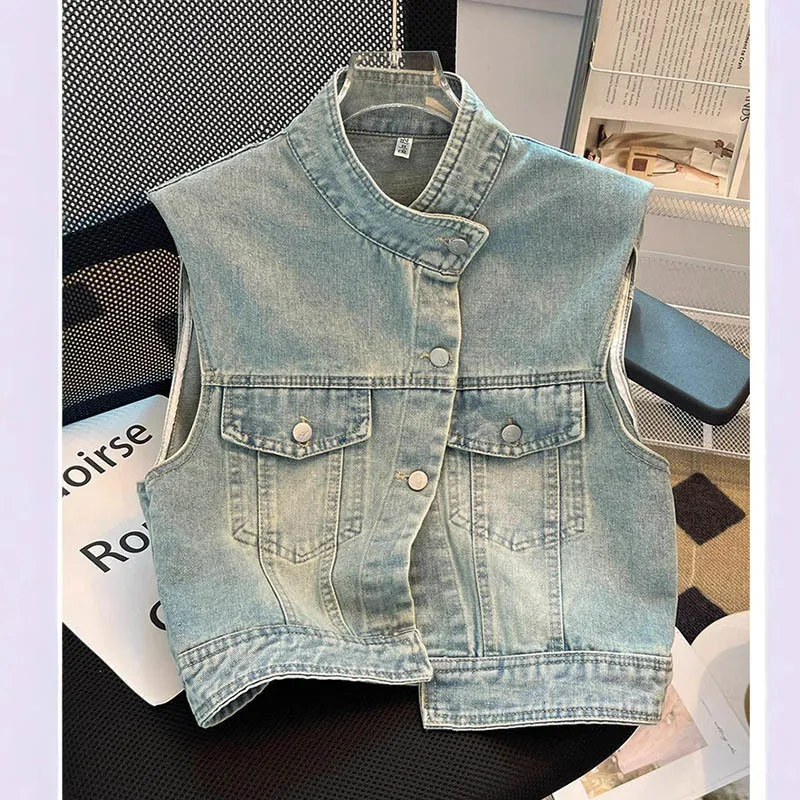 

Весенне-летняя женская джинсовая куртка без рукавов с воротником-стойкой в винтажном стиле, короткое ковбойское пальто, верхняя одежда, топ