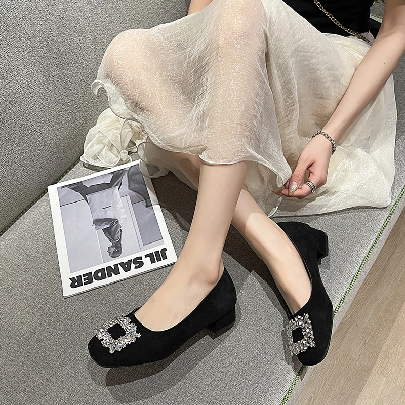 Women Square Heel Round Toe Crystal Pumps Plus Size 35-42 Black  Elegant Office Shoes For Ladies Comfortable Slip Ons 3.5cm