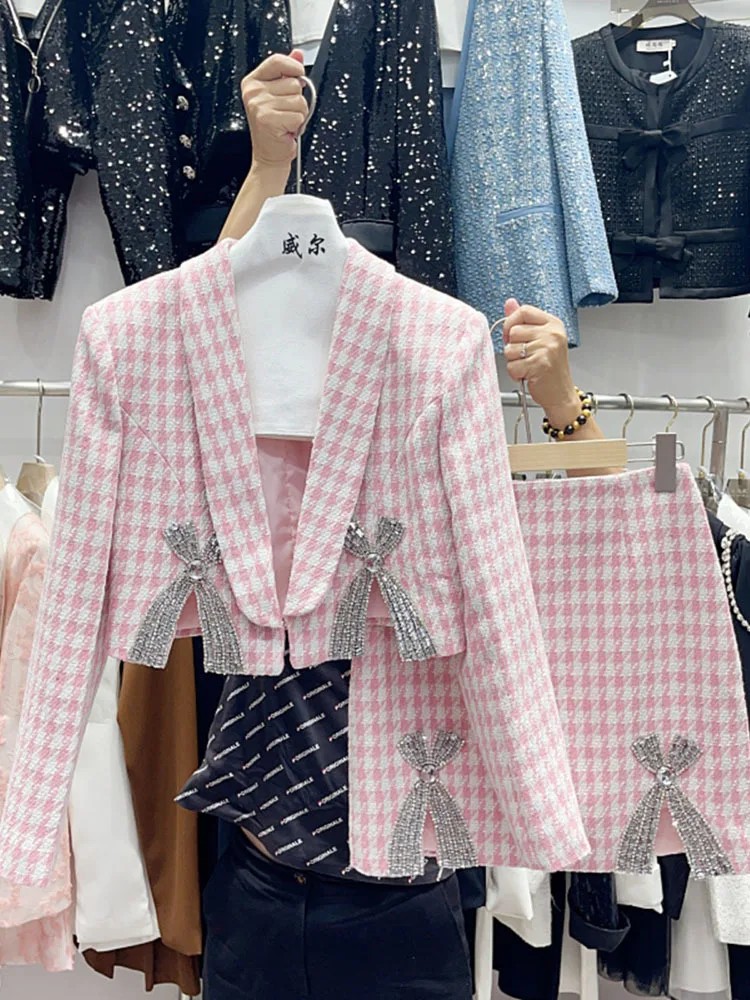 Autumn New Arrival Rhinestone Bow Plaid Blazer Jacket Short Bodycon Skirt Two Piece Set Women Outfits