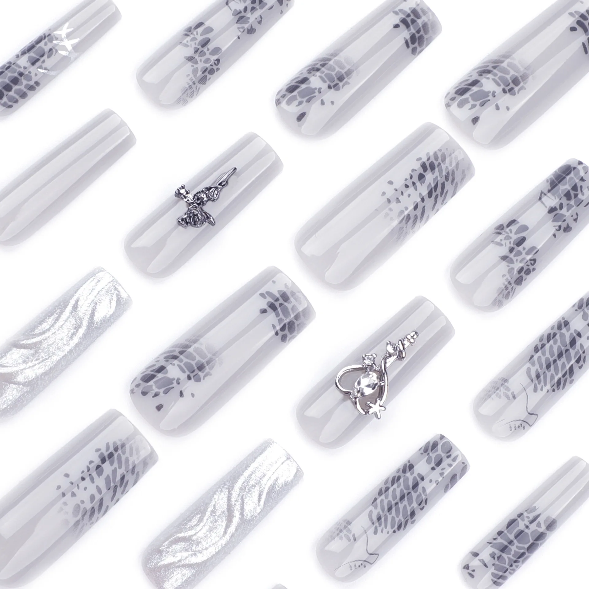 24 قطعة من الأظافر الصناعية المستطيلة المعدنية على شكل قلب فتاة ساخنة متقاطعة يمكن ارتداؤها يدويًا مانيكير أظافر وهمية #3