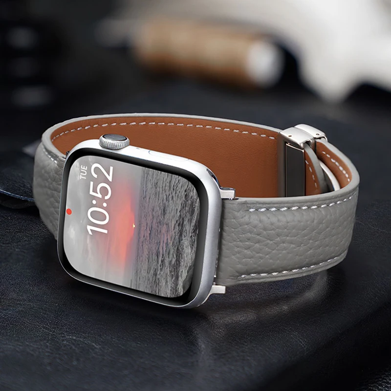 Magnetic Folding Buckle Band For Apple Watch 44mm 40mm 45/41/49mm 38/42mm Leather Strap iwatch Series Ultra 8 7 se 6 54 Bracelet