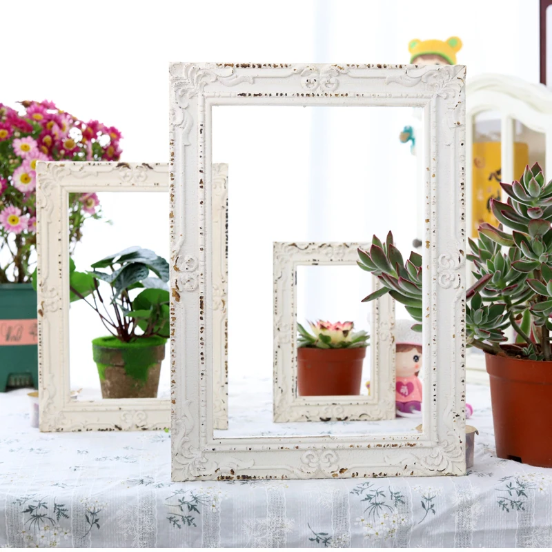 

Elegant Vintage White Wooden Rectangle Frame with Embossed Floral Edges - Charming Wall Decor Accent