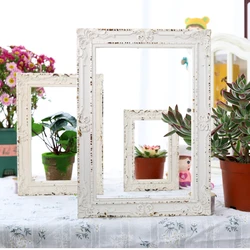 Elegant Vintage White Wooden Rectangle Frame with Embossed Floral Edges - Charming Wall Decor Accent